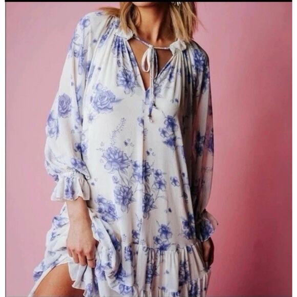 Free People Feeling Groovy Dress in Vintage Ivory & Blue Size Small - Picture 3 of 11